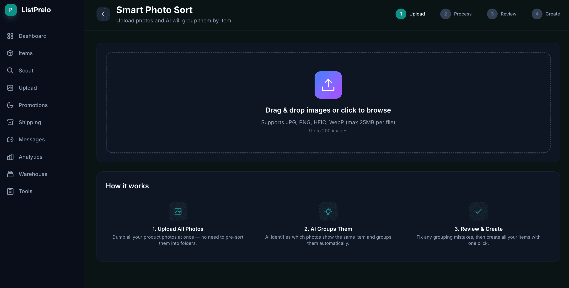 Prelo Smart Photo Sort upload screen — a large drag-and-drop zone where bulk sellers can dump a pile of unsorted photos