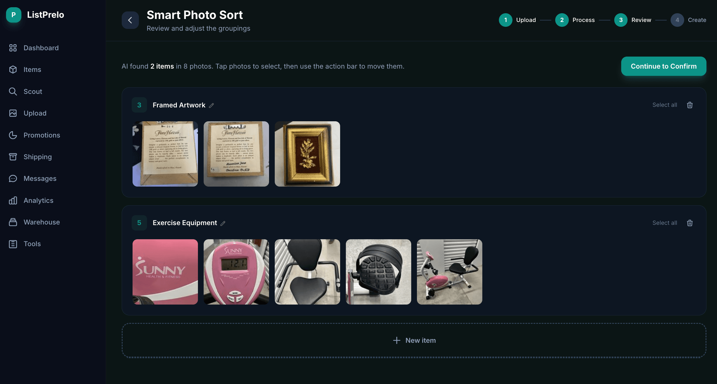 Prelo Smart Photo Sort review screen — AI-grouped items Framed Artwork and Exercise Equipment with drag-and-drop correction
