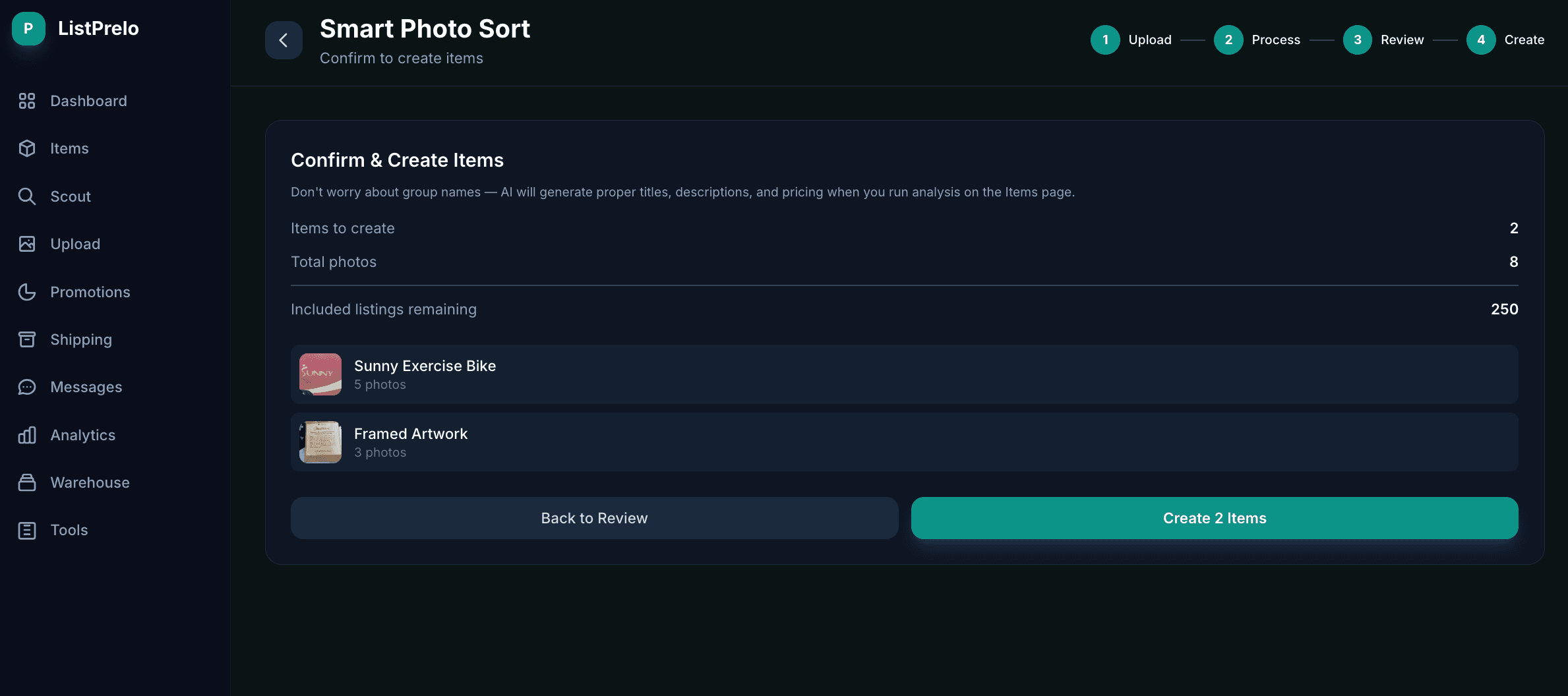 Prelo Smart Photo Sort confirm screen — 2 items ready to create from 8 photos, with credit balance preview