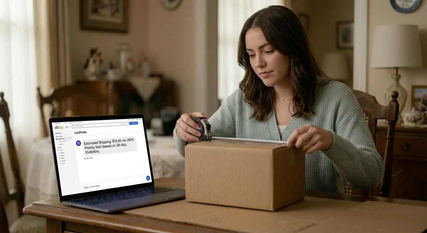 Seller packing a box with ListPrelo AI chat on laptop showing shipping estimates