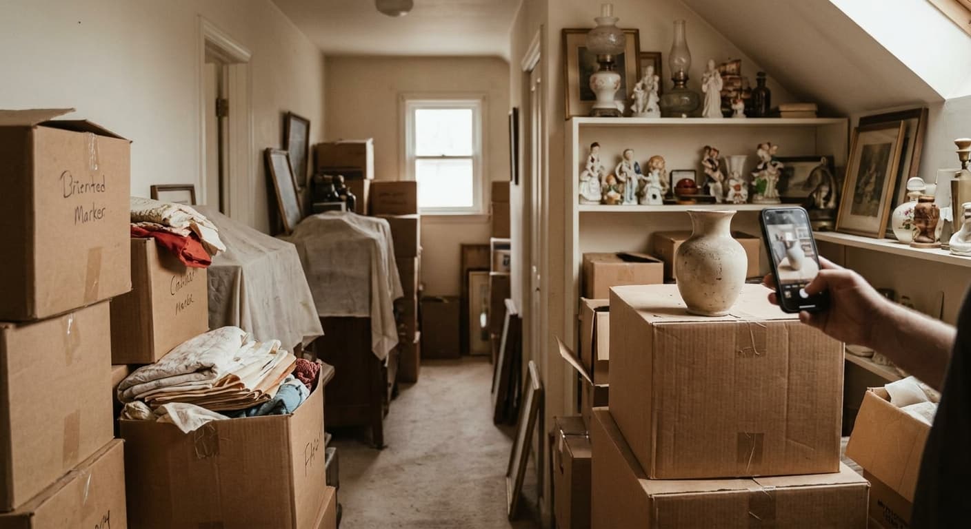 Photographing inherited items in an attic full of boxes and collectibles