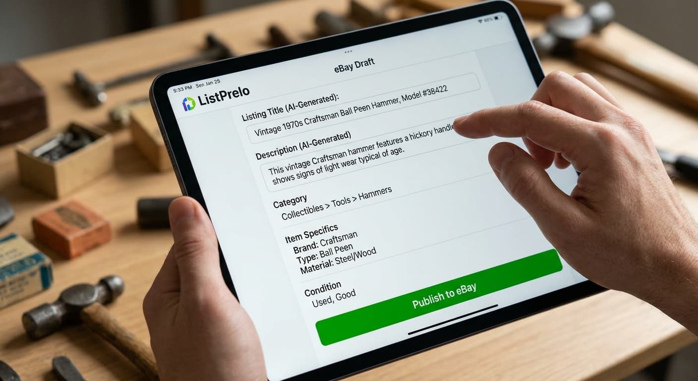 ListPrelo AI generating an eBay listing from a photo of vintage tools on an iPad