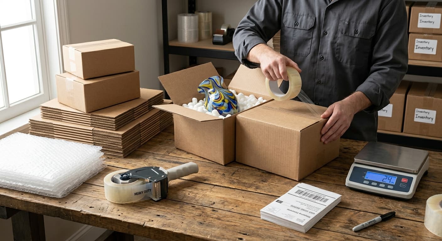 Packing inherited items for eBay shipping at a workstation with boxes and supplies
