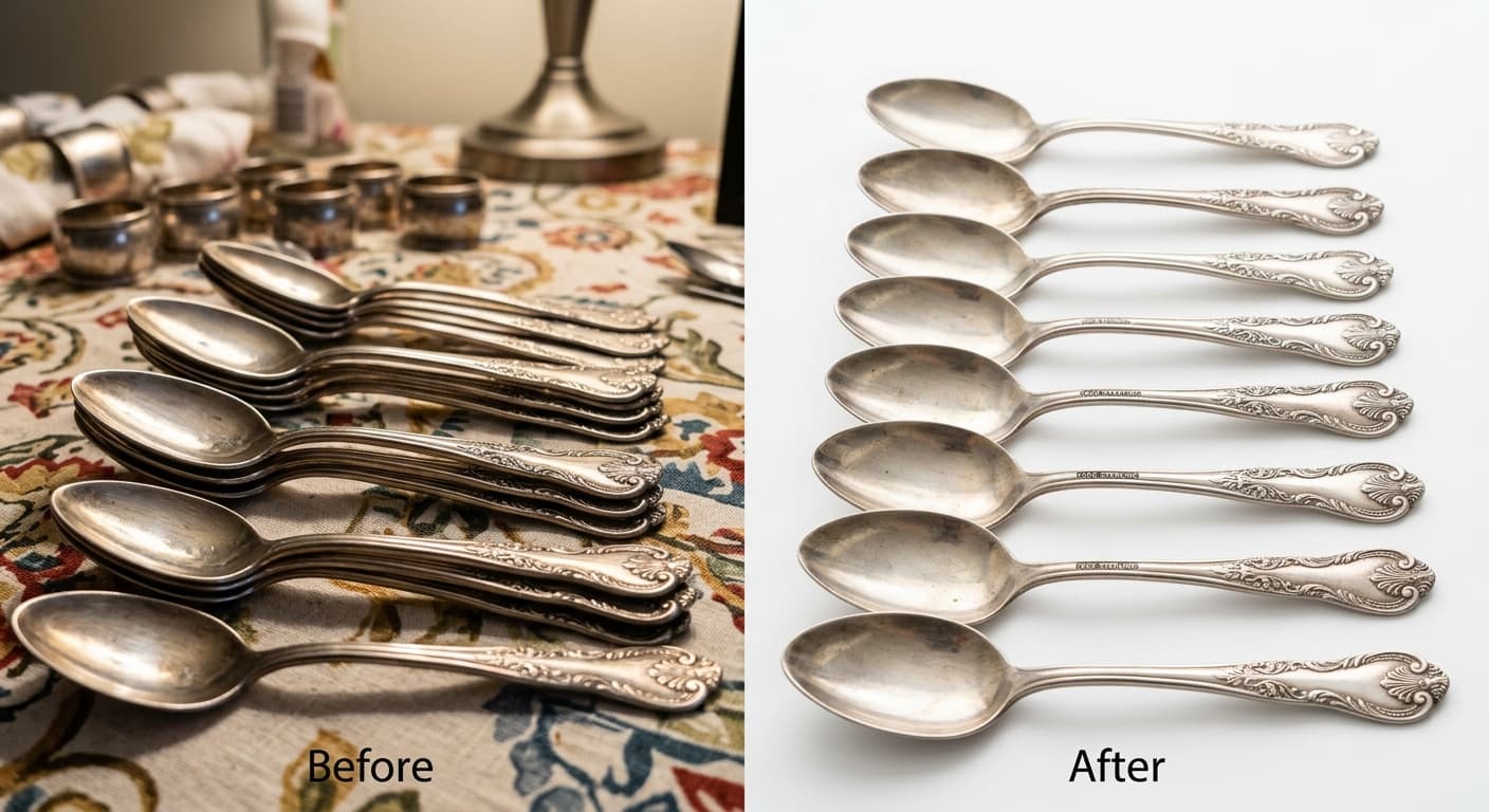 Before and after: inherited silverware photographed on a cluttered surface vs clean white background