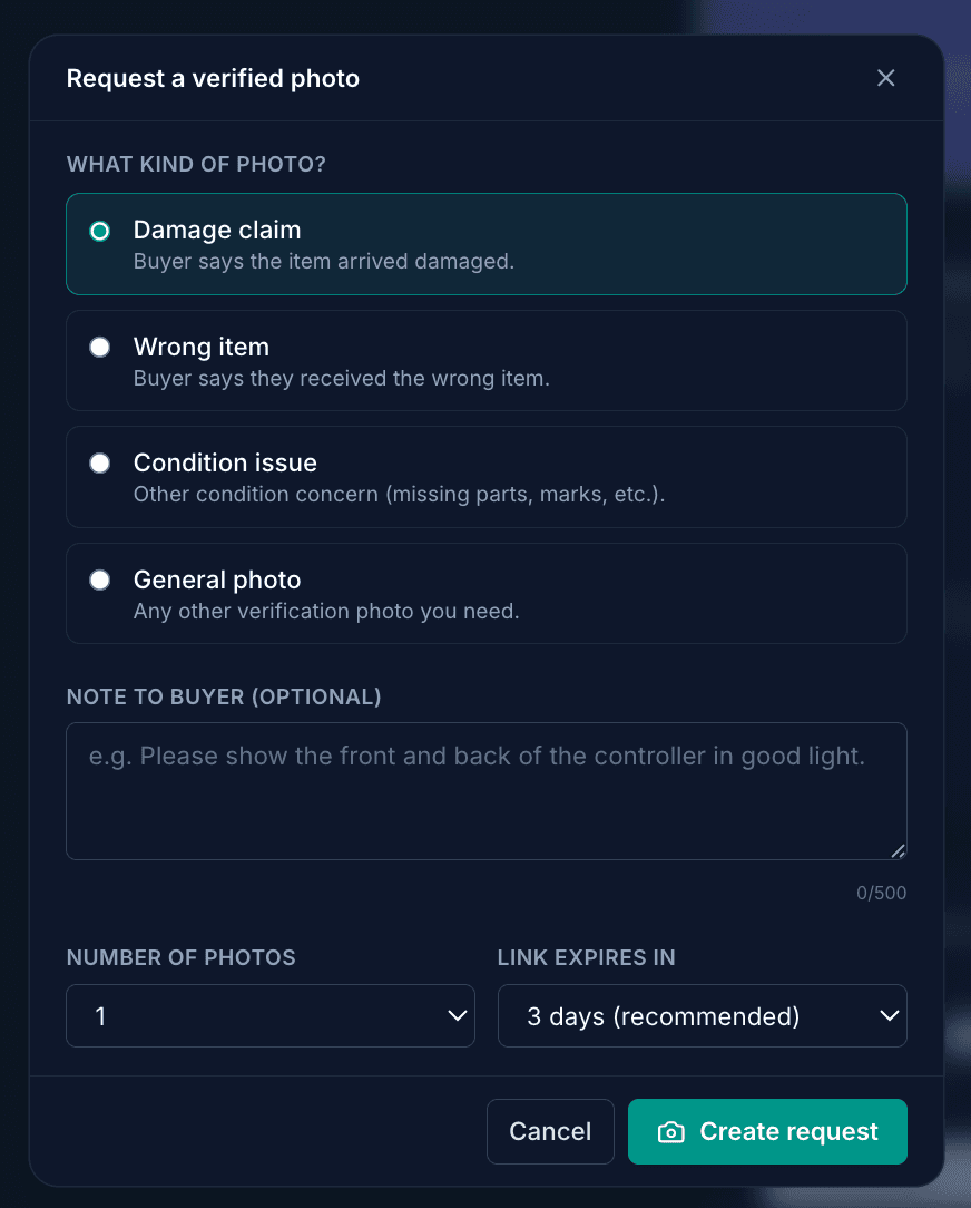 The Request a verified photo modal in Prelo, showing four reason options (Damage claim, Wrong item, Condition issue, General photo), an optional note field, and selects for photo count and link expiry