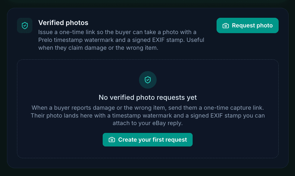 Screenshot of the Verified Photos panel on the Prelo item detail page, showing the empty state with a teal Request Photo button